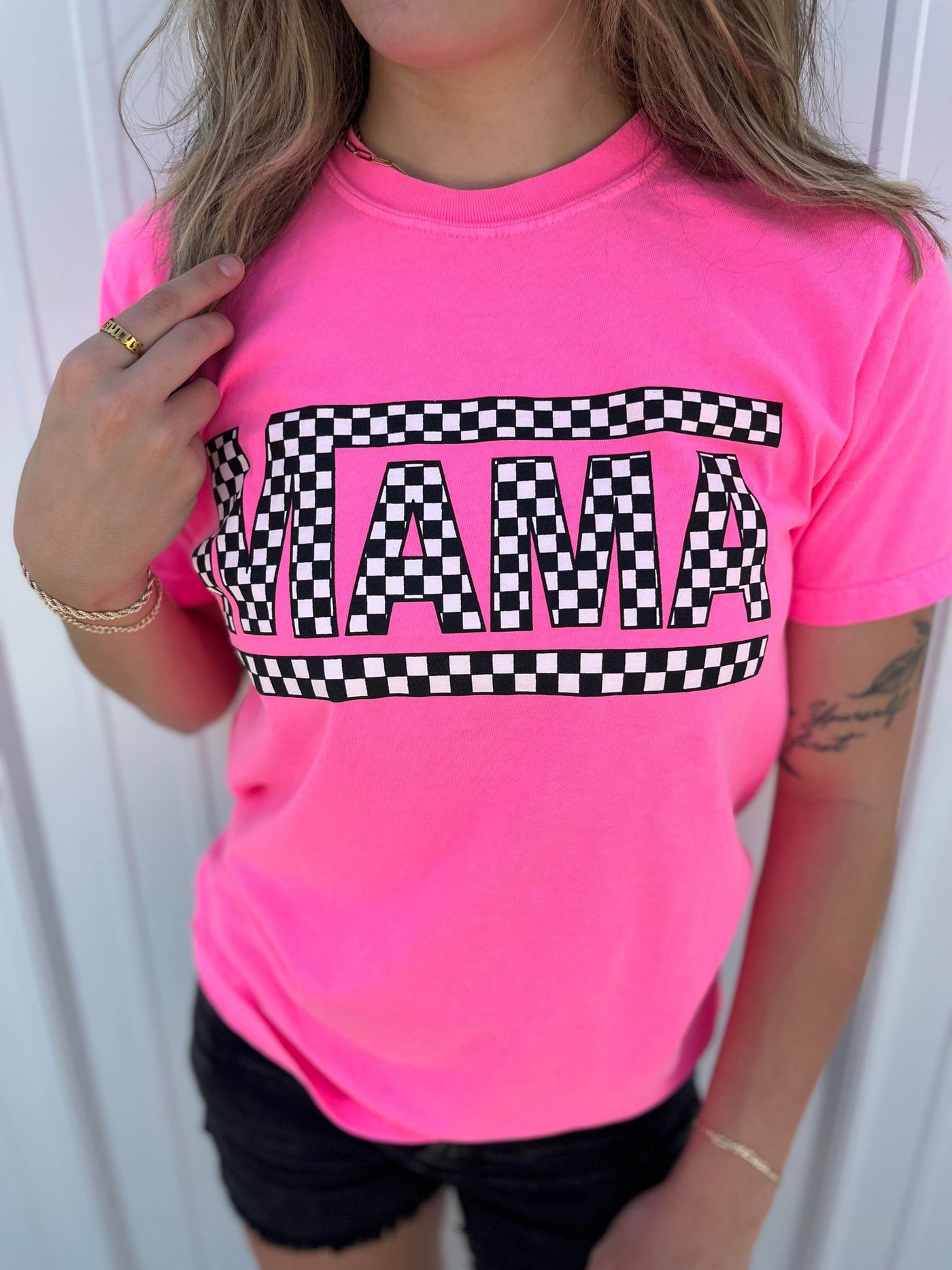Checkered Mama Tee Neon Pink - Southern Fashion Boutique Bliss