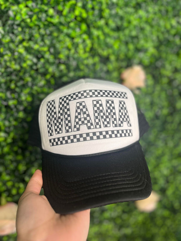 Mama Checkered Ponytail Trucker Hat Black/White