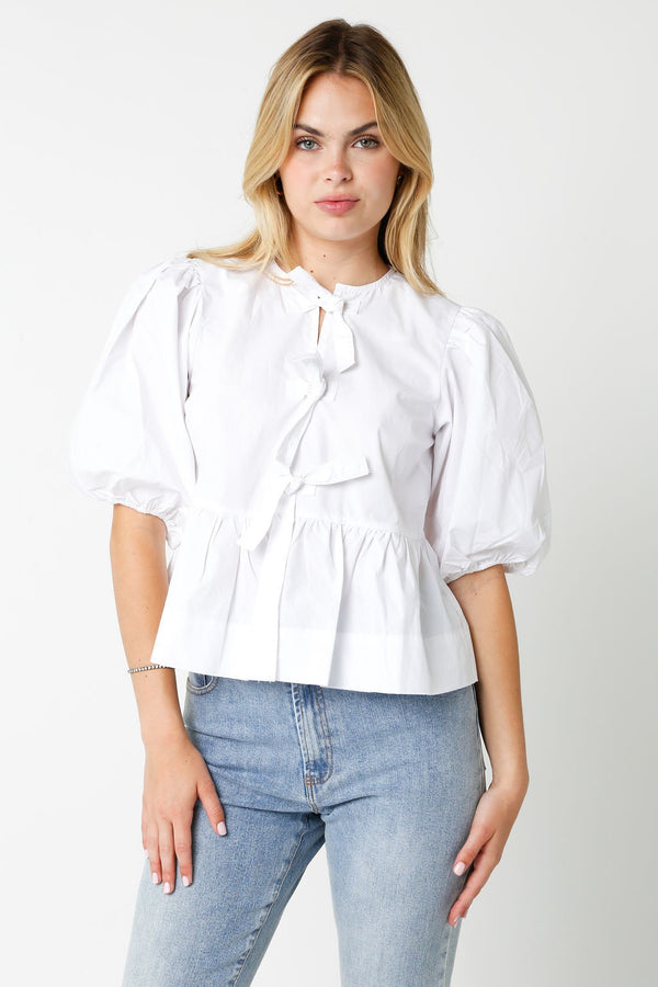 Short Sleeve Top w/ Bow Detail White