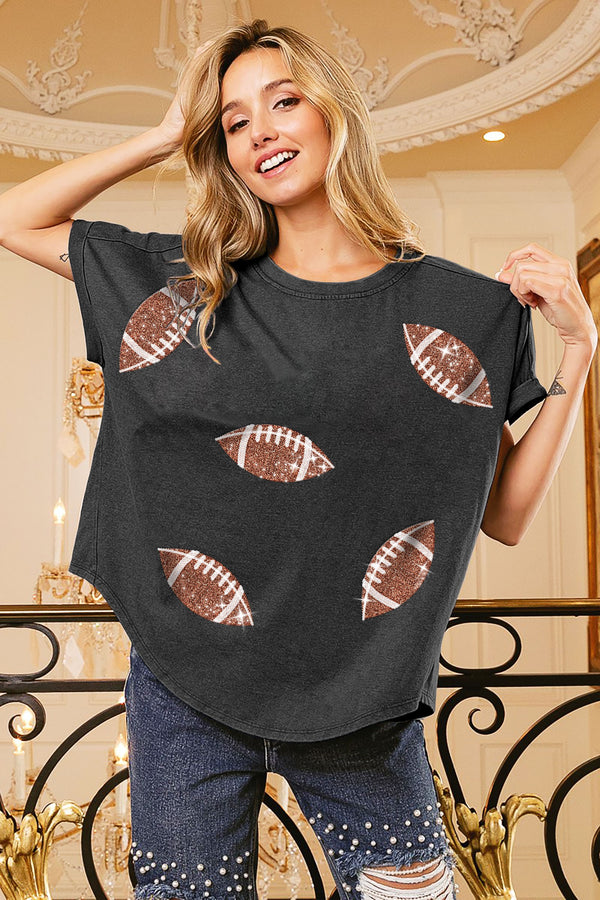 Football Sequin Embroidery Top Black Charcoal
