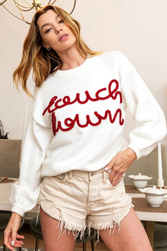 Touchdown Metallic Letter Sweater Ivory/Red
