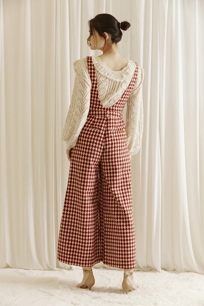Houndstooth Tweed Jumpsuit Dark Red - Southern Fashion Boutique Bliss