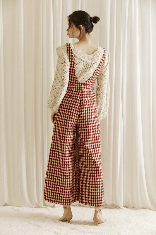 Houndstooth Tweed Jumpsuit Dark Red