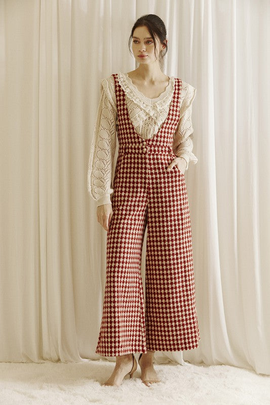 Houndstooth Tweed Jumpsuit Dark Red