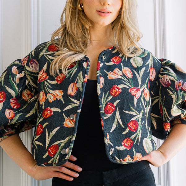 Floral Jacquard Cropped Jacket Black - Southern Fashion Boutique Bliss