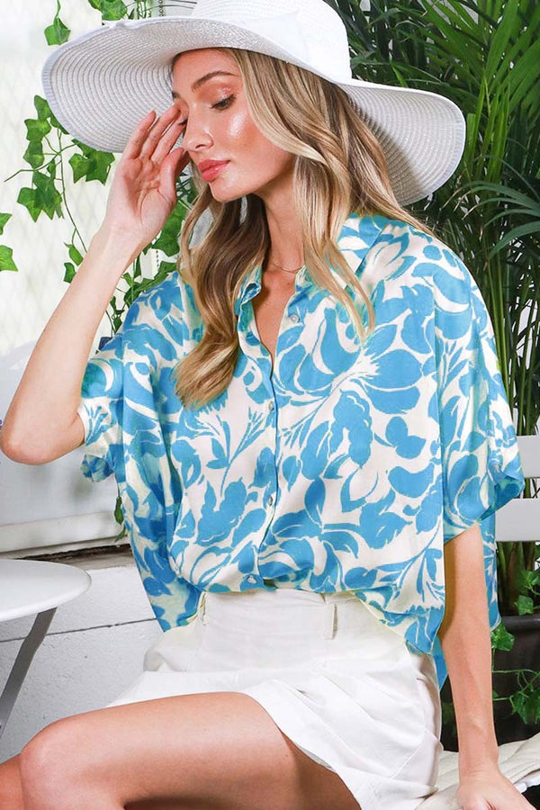 Collared Floral Print Satin Blouse Top Blue