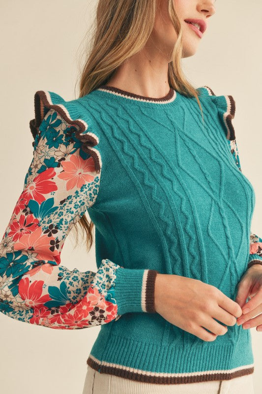 Cable Knit Floral Sleeve Sweater Teal