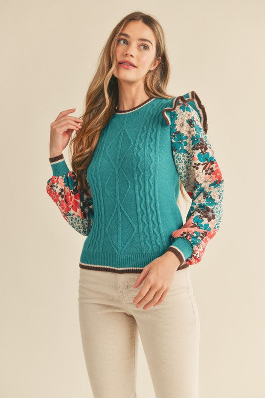 Cable Knit Floral Sleeve Sweater Teal