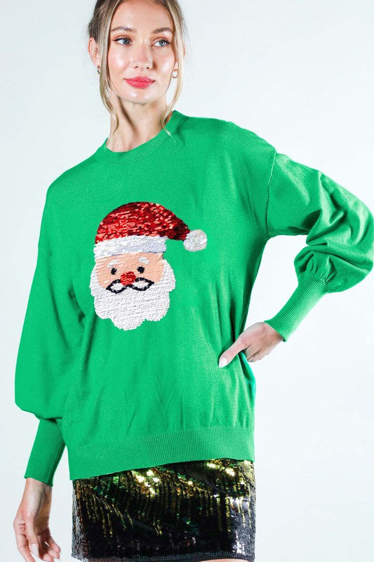 Santa Sequin Sweater Top Green