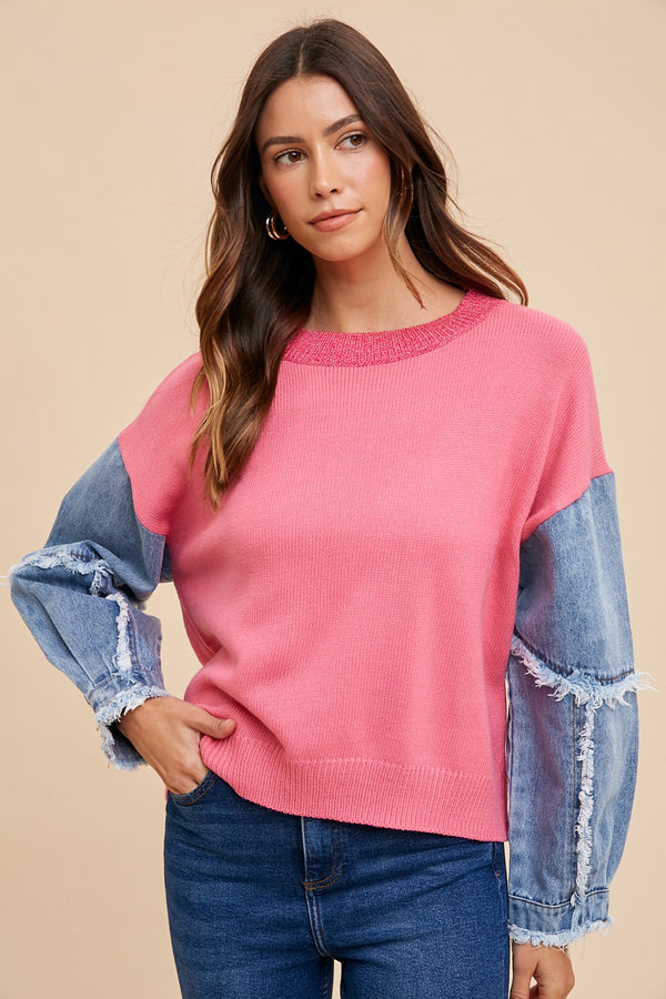 Denim Sleeve Contrast Distressed Top Hot Pink