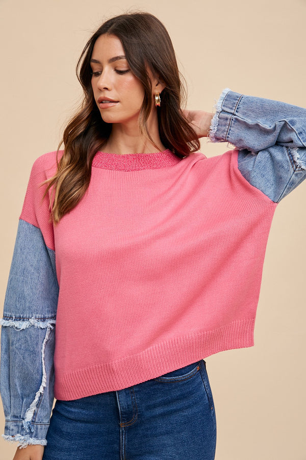 Denim Sleeve Contrast Distressed Top Hot Pink