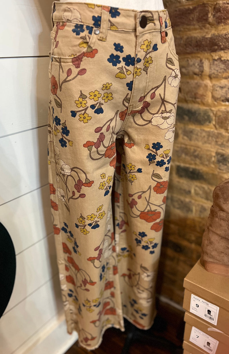 Floral Printed Washed Stretch Twill Pants Khaki