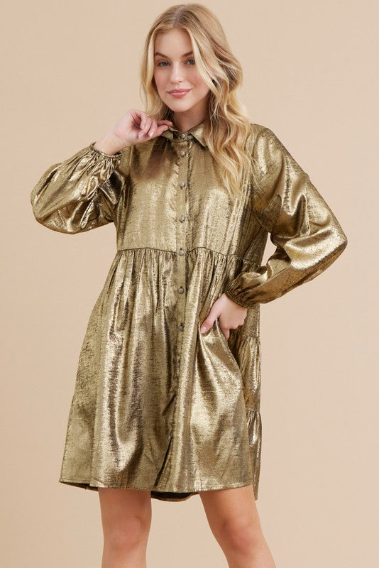 Metallic Button-up Baby Doll Dress Gold/Black - Southern Fashion Boutique Bliss Metallic Button-up Baby Doll Dress Gold/Black - Southern Fashion Boutique Bliss