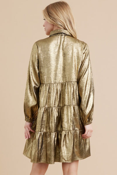 Metallic Button-up Baby Doll Dress Gold/Black