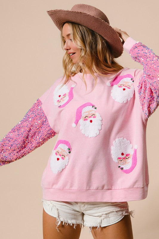 Velvet Sequin Sleeve Santa Christmas Top Pink