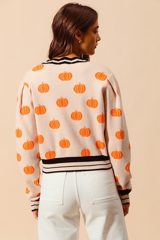 Pumpkin Pattern Knitted Cardigan Oatmeal/Orange
