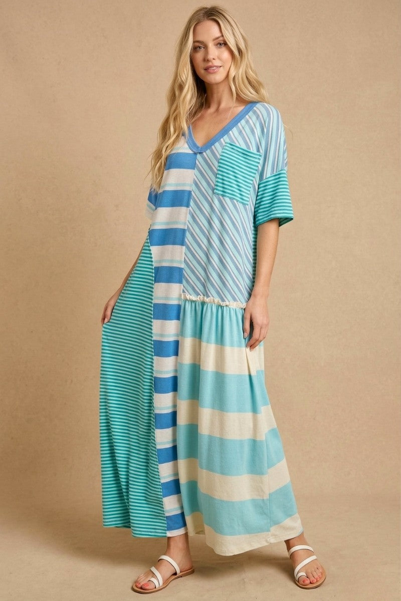 Mixed-stripe Patchwork Maxi Dress Blue