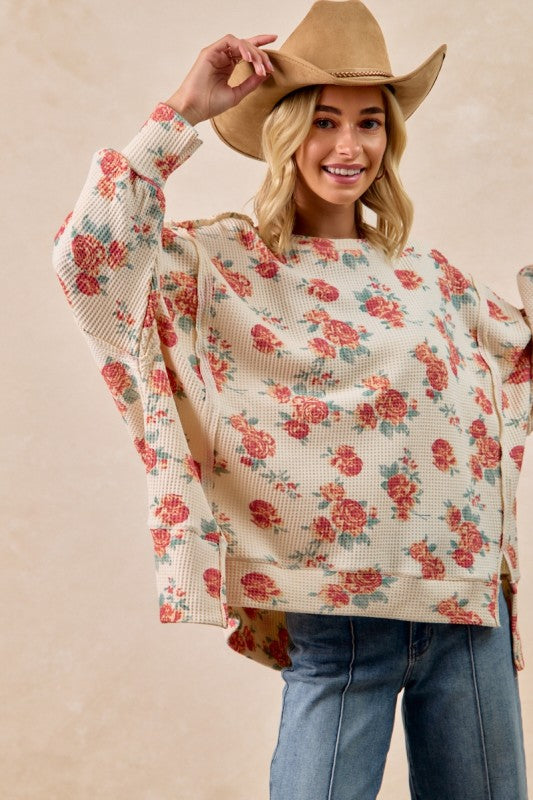 Floral Print Oversized Waffle Thermal Top Oatmeal