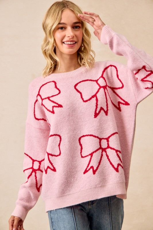 Ribbon Artwork Cozy Sweater Top Pink