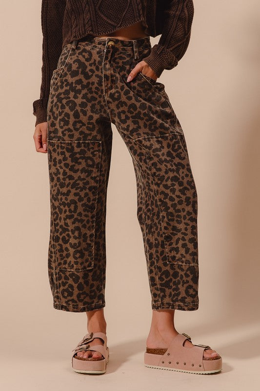 Twill Mid Rise Wide Leg Pants Mocha Leopard