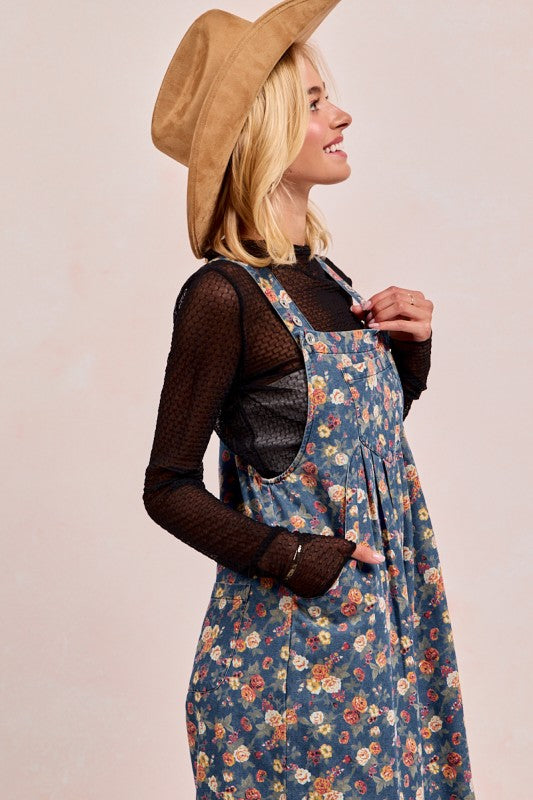 Washed Floral Print Pleated Overalls Denim