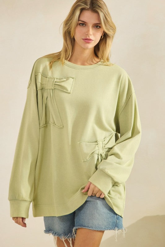 French Terry Bow Detail Sweatshirt Top Sage