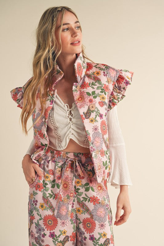 Flutter Sleeve Floral Puff Vest Pink