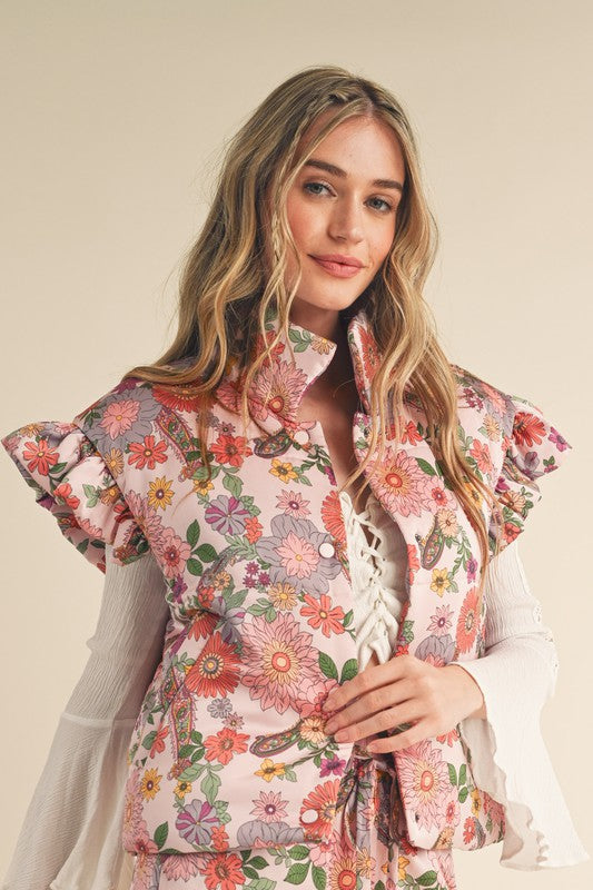 Flutter Sleeve Floral Puff Vest Pink