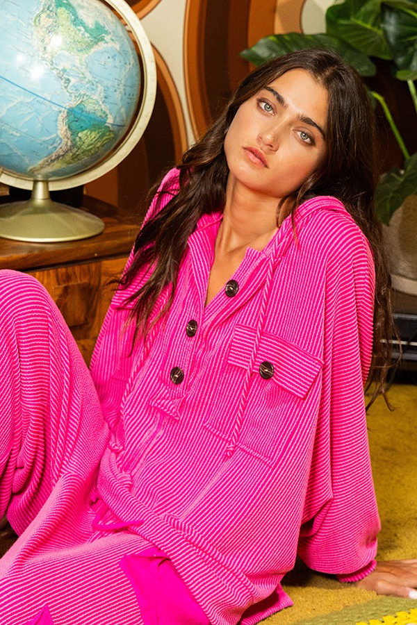 Button Up Solid Knit Hoodie Fuchsia