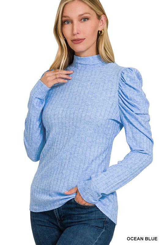 Ribbed Puff Sleeve Mock Neck Top Ocean Blue