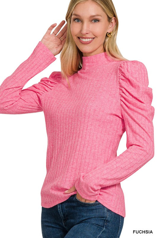 Ribbed Puff Sleeve Mock Neck Top Fuchsia