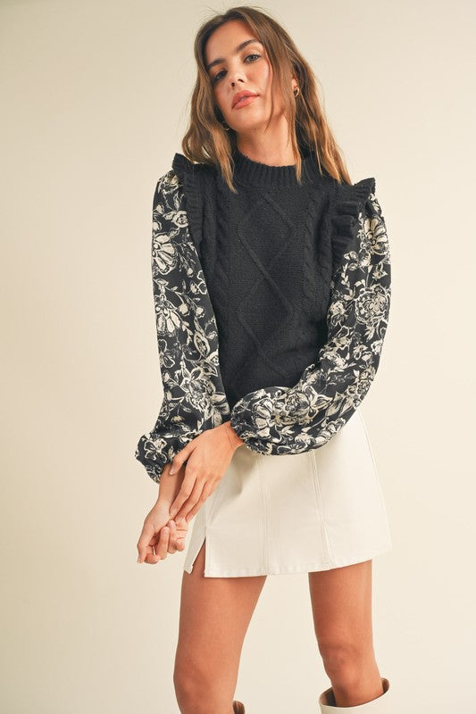 Cable Knit Floral Sleeve Sweater Top Black