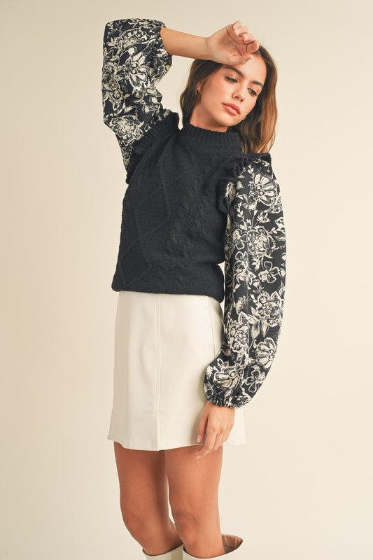 Cable Knit Floral Sleeve Sweater Top Black