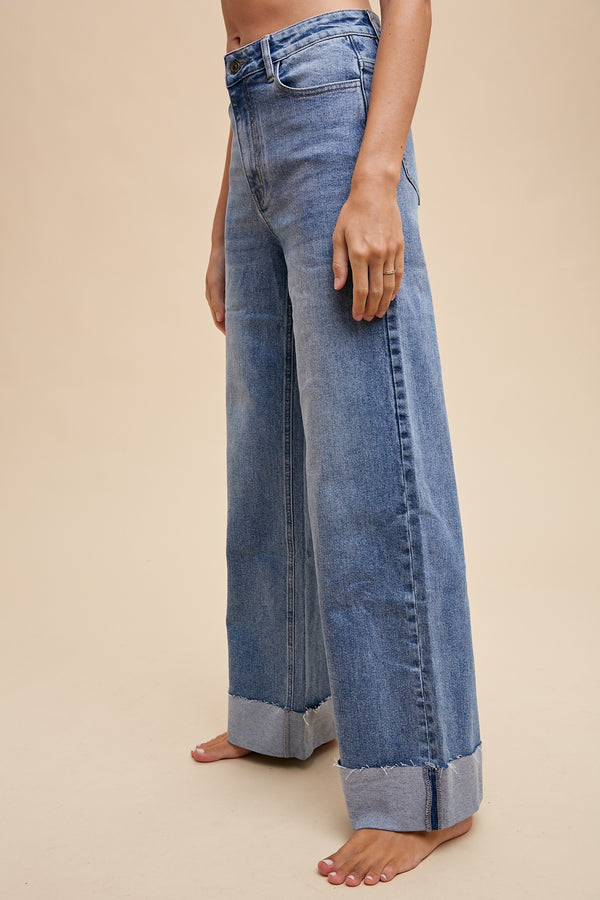 Cuffed Hem High Rise Straight Jeans Medium Indigo