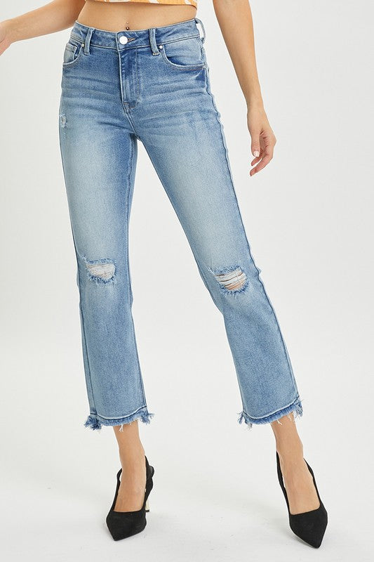 High Rise Distressed Straight Jeans Medium Denim