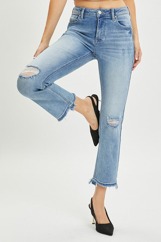 High Rise Distressed Straight Jeans Medium Denim