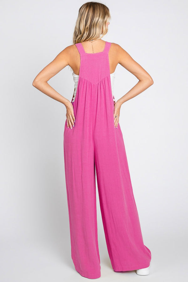 Solid Button Sling Wide-Leg Overall Jumpsuit Magenta