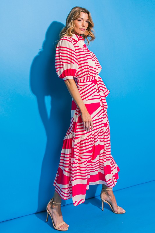 Button Down Woven Midi Dress Pink/Ivory