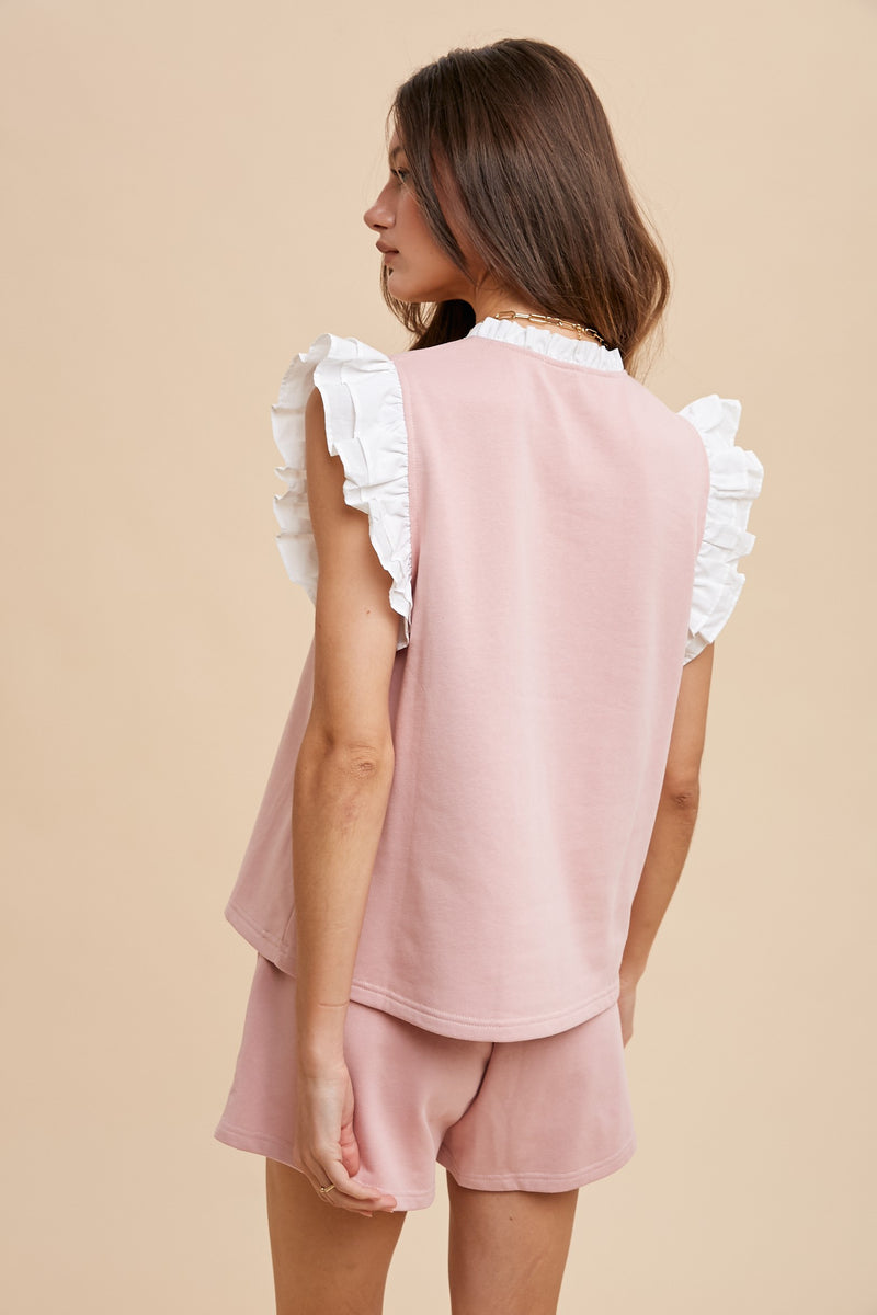 Ruffle Sleeve Top And Shorts Set Light Pink