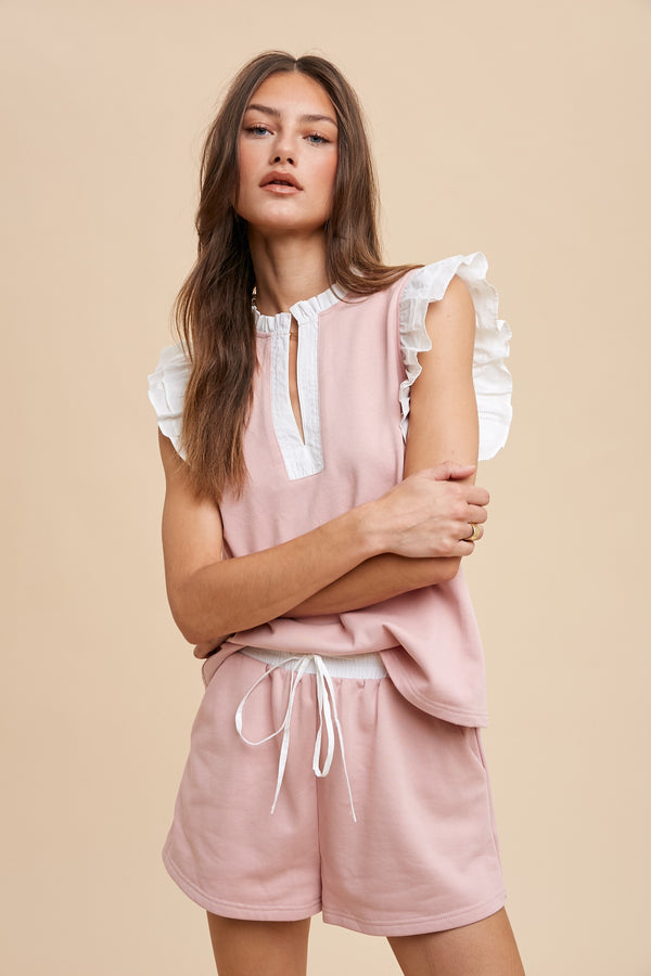 Ruffle Sleeve Top And Shorts Set Light Pink