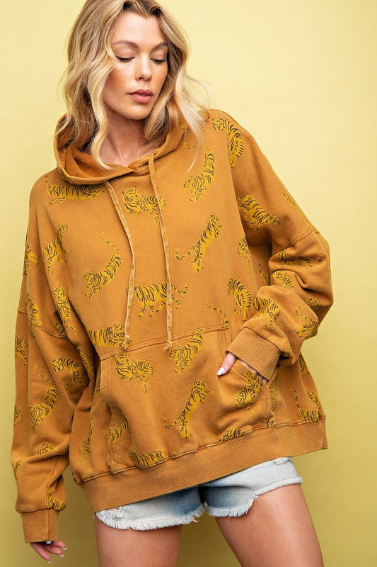 Tiger Print Mineral Washed Hoodie Top Camel