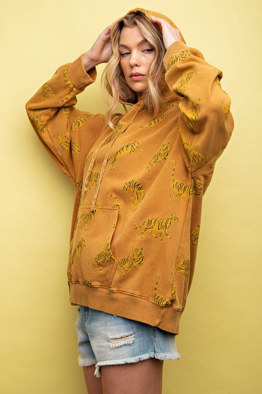 Tiger Print Mineral Washed Hoodie Top Camel