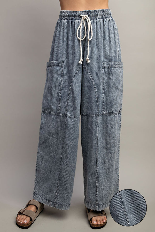 Stone Washed Pinstriped Wide Leg Pants Denim