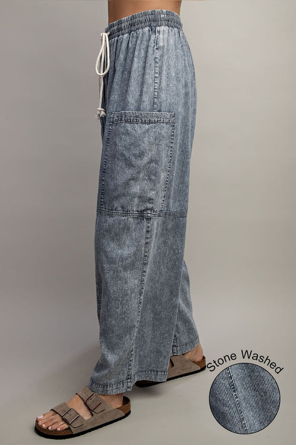 Stone Washed Pinstriped Wide Leg Pants Denim