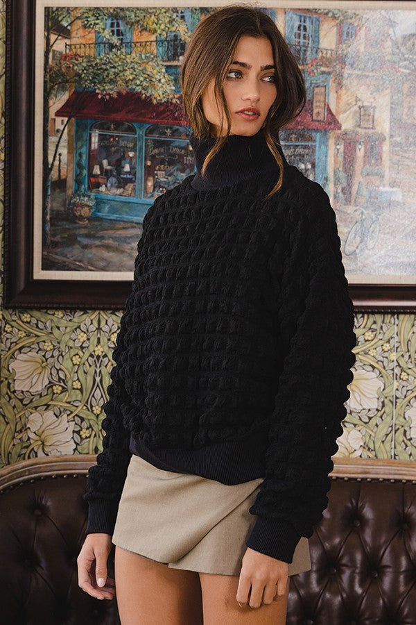 Textured Mock Neck Top Black