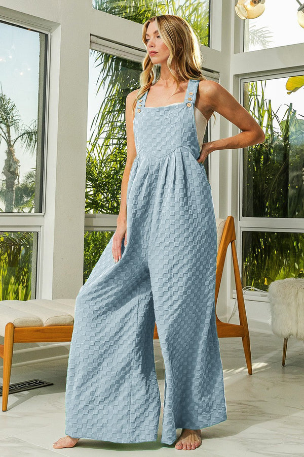 Checker Textured Wide Legs Overalls Lt Blue