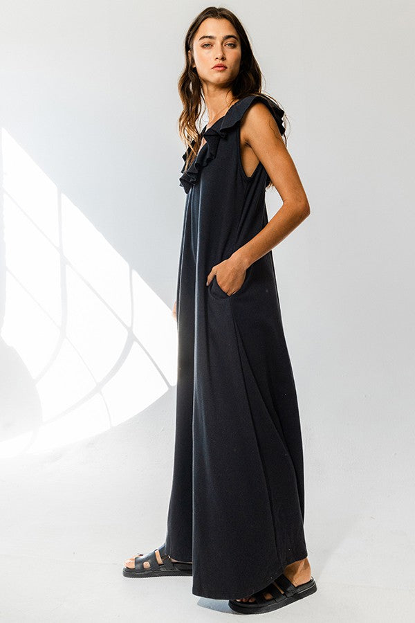 Ruffled Neck Wide Leg Jumpsuit Black