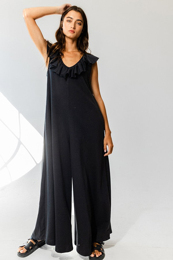 Ruffled Neck Wide Leg Solid French Terry Jumpsuit Black