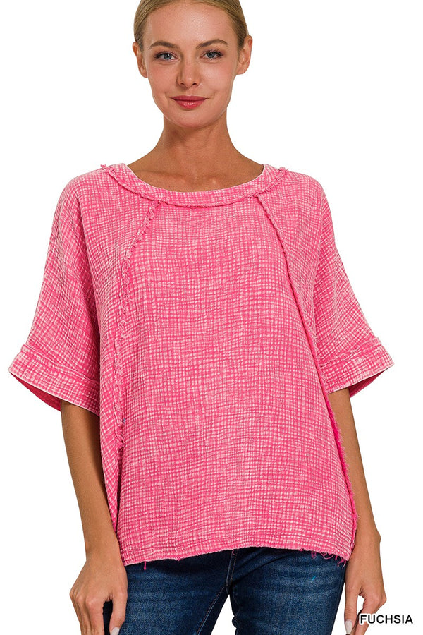 Washed Gauze Raglan Sleeve Shirt Fuchsia