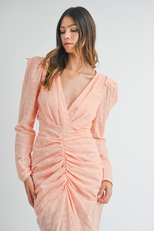 Deep V-Neck Front Shirring Long Dress Peach